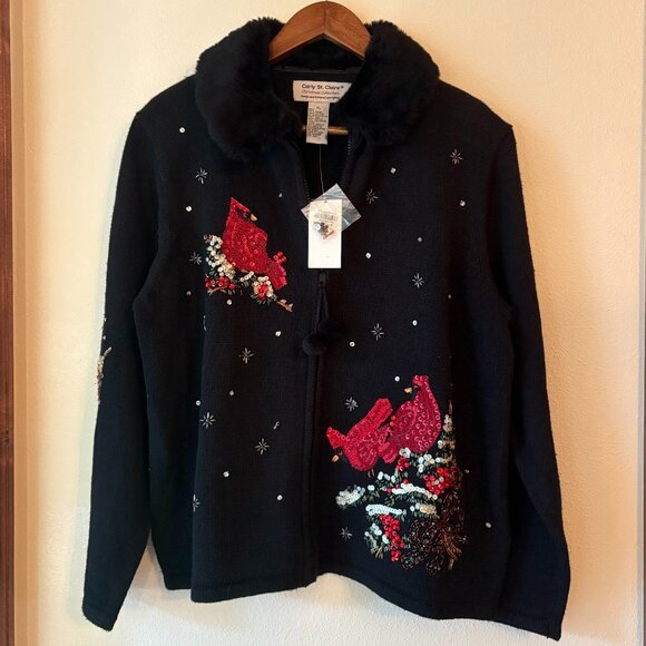 VTG Ugly Christmas Cardigan Sweater Sequined Cardinal Birds Beaded Sz XL Birder - Picture 1 of 12